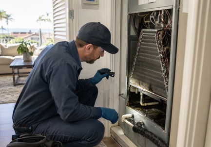 HVAC technician diagnosing musty AC smell and indoor air quality concern in Carlsbad CA home