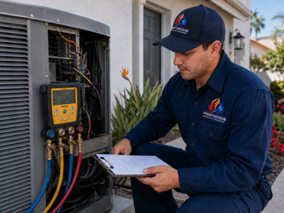 Prestigious HVAC technician commissioning a new HVAC system in Carlsbad CA home