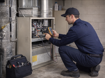 Technician performing an end-of-life furnace inspection in Escondido CA