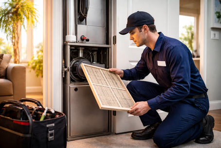 HVAC technician inspecting a residential gas furnace during a service call in Oceanside, CA