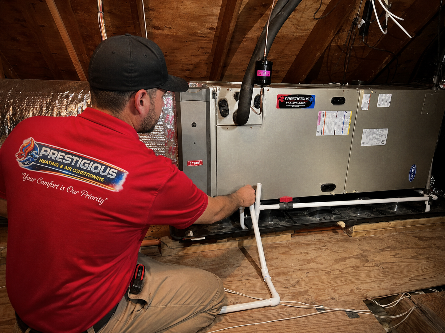 HVAC technician evaluating attic HVAC system compatibility before AC and furnace replacement in Carlsbad CA