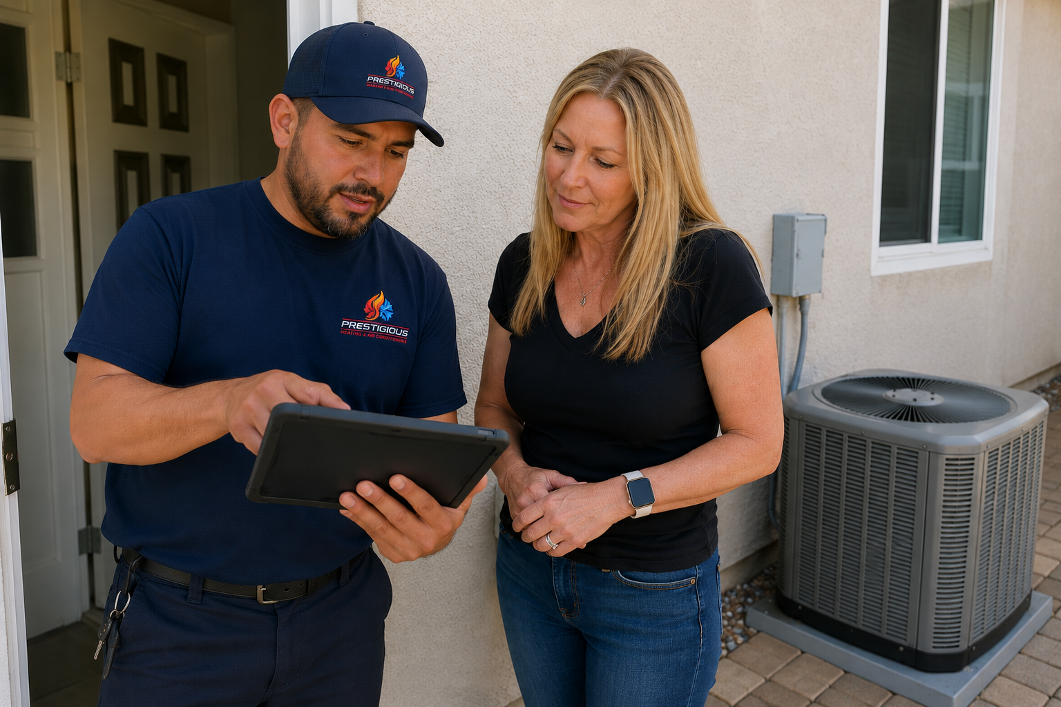 Prestigious Heating & Air Conditioning technician evaluating an existing air conditioning system before providing an AC replacement estimate in Carlsbad, CA.