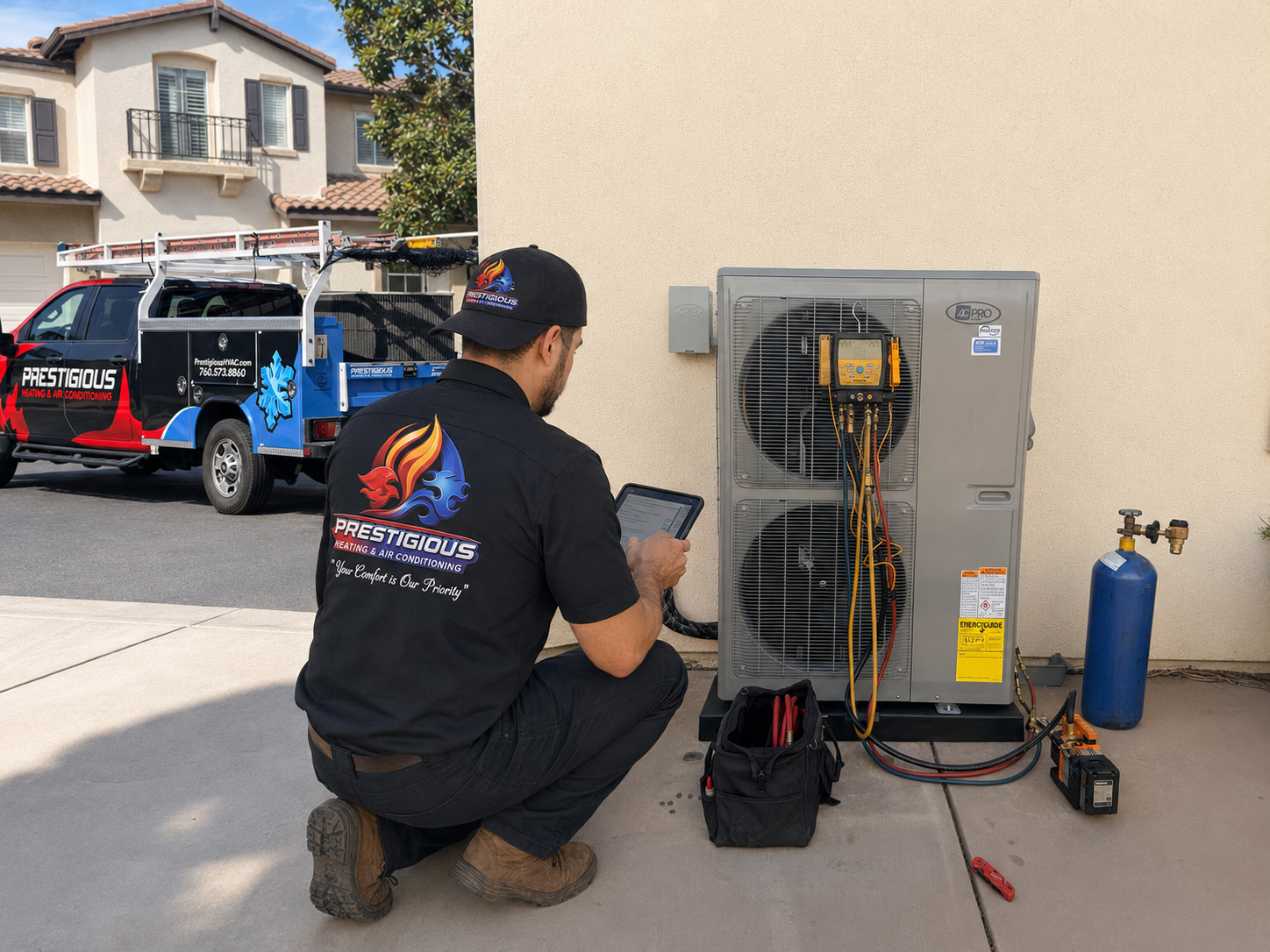 HVAC technician evaluating an outdoor AC unit for replacement in Carlsbad CA
