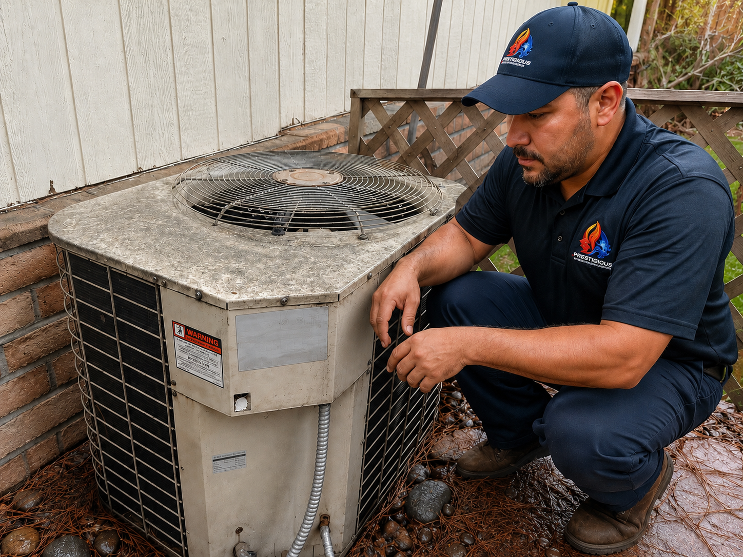 HVAC technician evaluating an aging air conditioner before replacement decision in Carlsbad CA