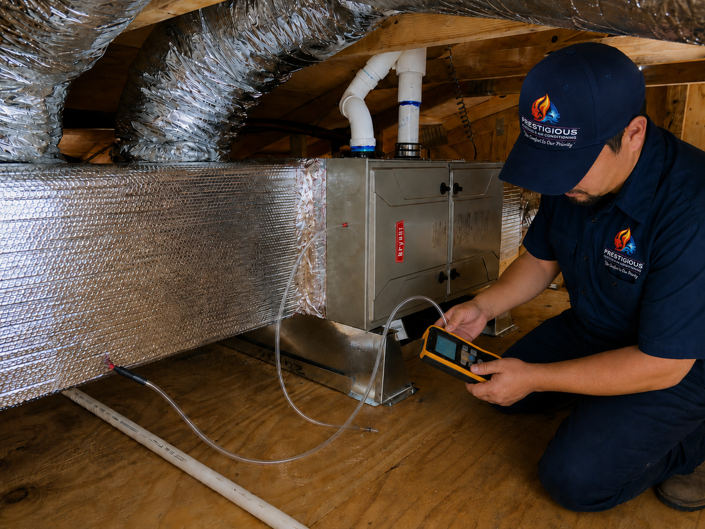 HVAC technician testing airflow after new HVAC system installation in Carlsbad CA home