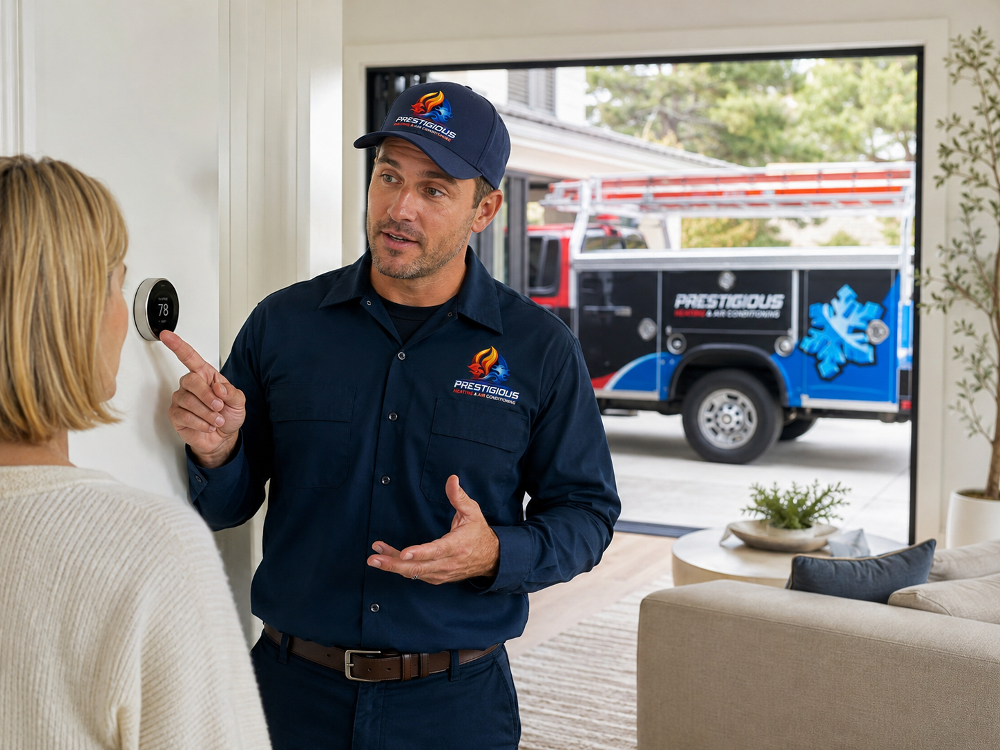 Prestigious HVAC technician explaining humidity and AC comfort issue to homeowner in Carlsbad CA