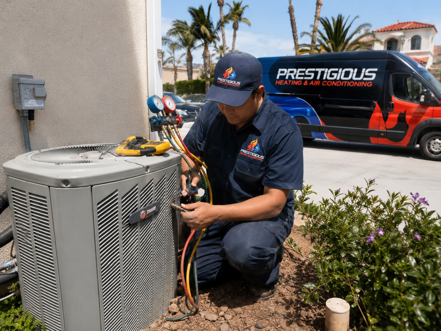 HVAC technician diagnosing outdoor AC unit short cycling problem in Carlsbad CA