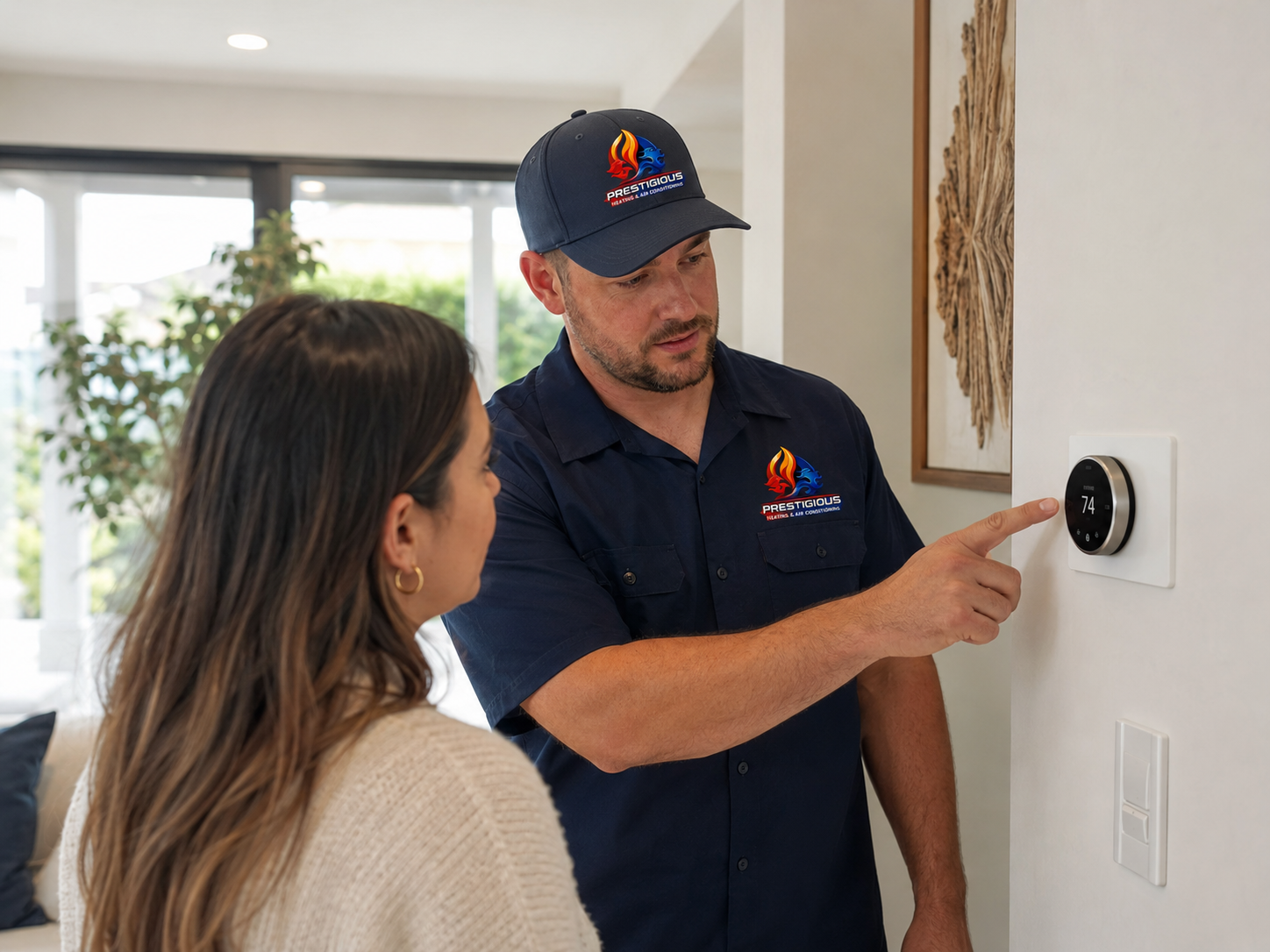 HVAC technician explaining thermostat settings related to AC short cycling in Carlsbad CA home