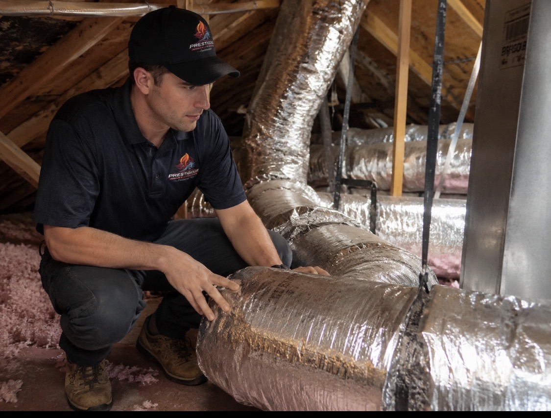 HVAC technician inspecting attic ductwork and airflow performance in Carlsbad CA