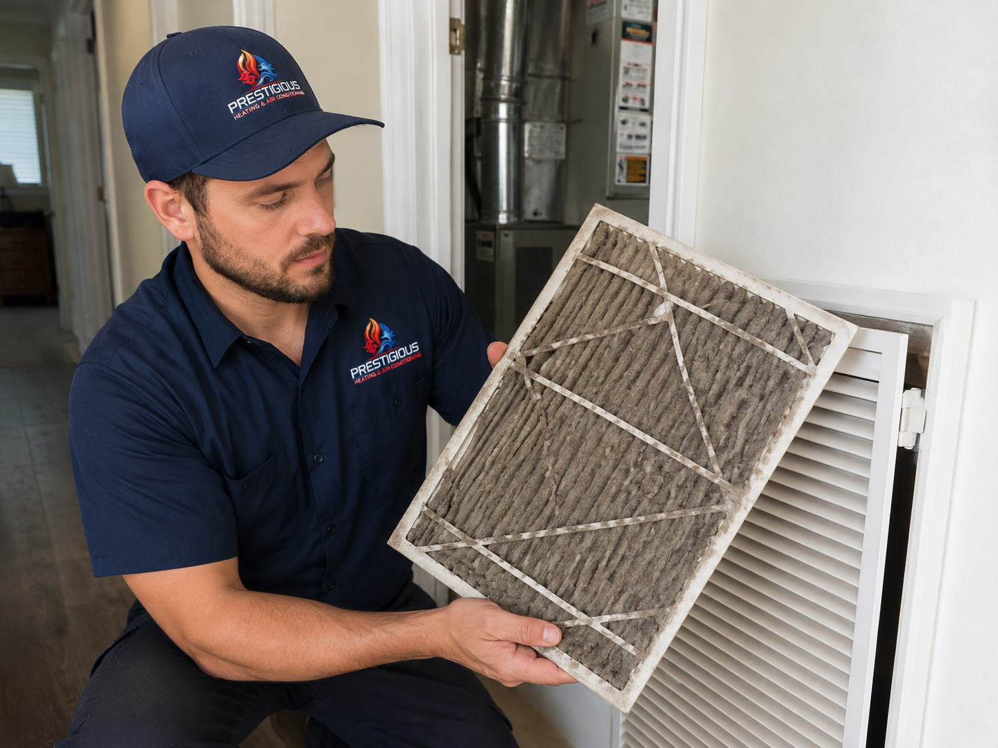 HVAC technician inspecting dirty air filter that may contribute to AC short cycling in Carlsbad CA