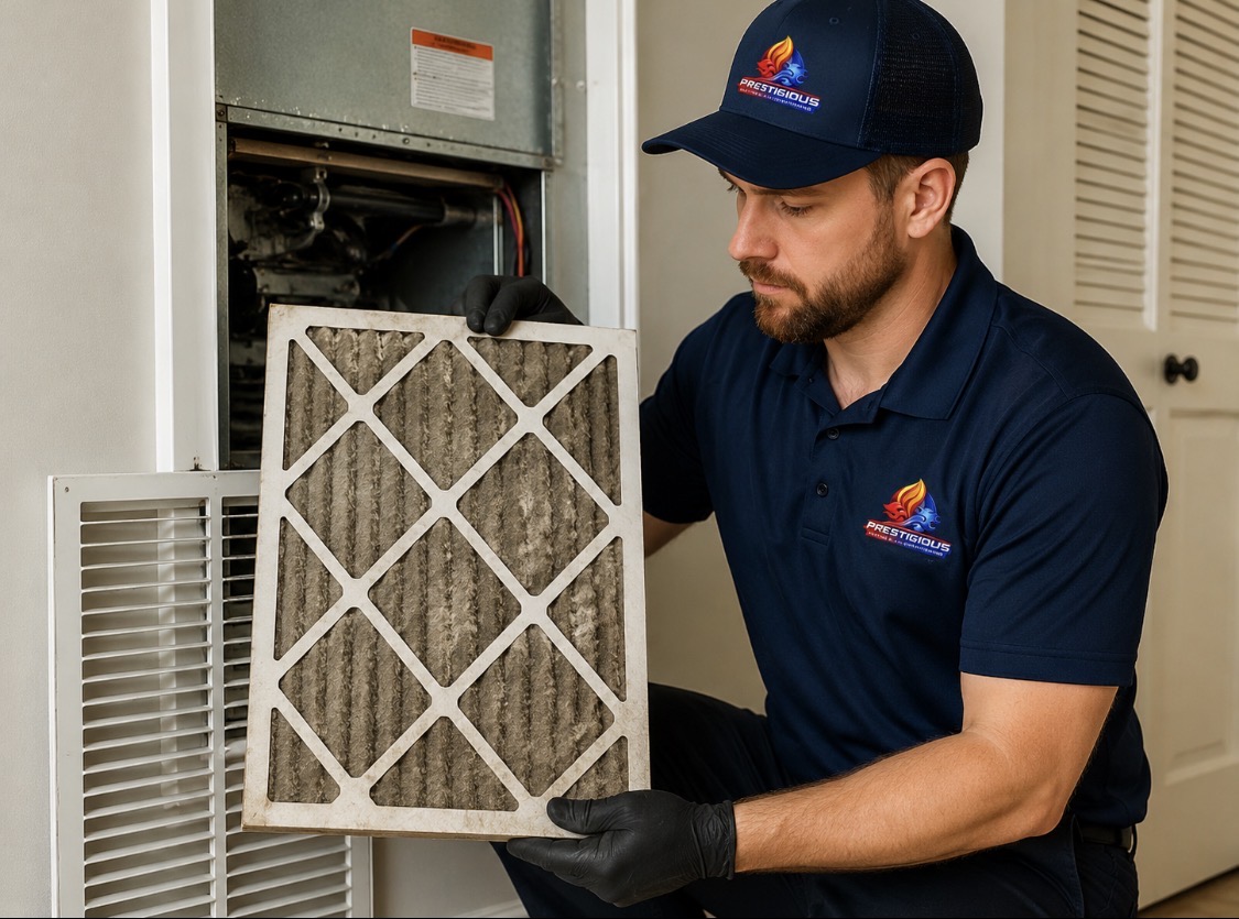 HVAC technician inspecting a dirty air filter that may be affecting cooling performance in Carlsbad CA