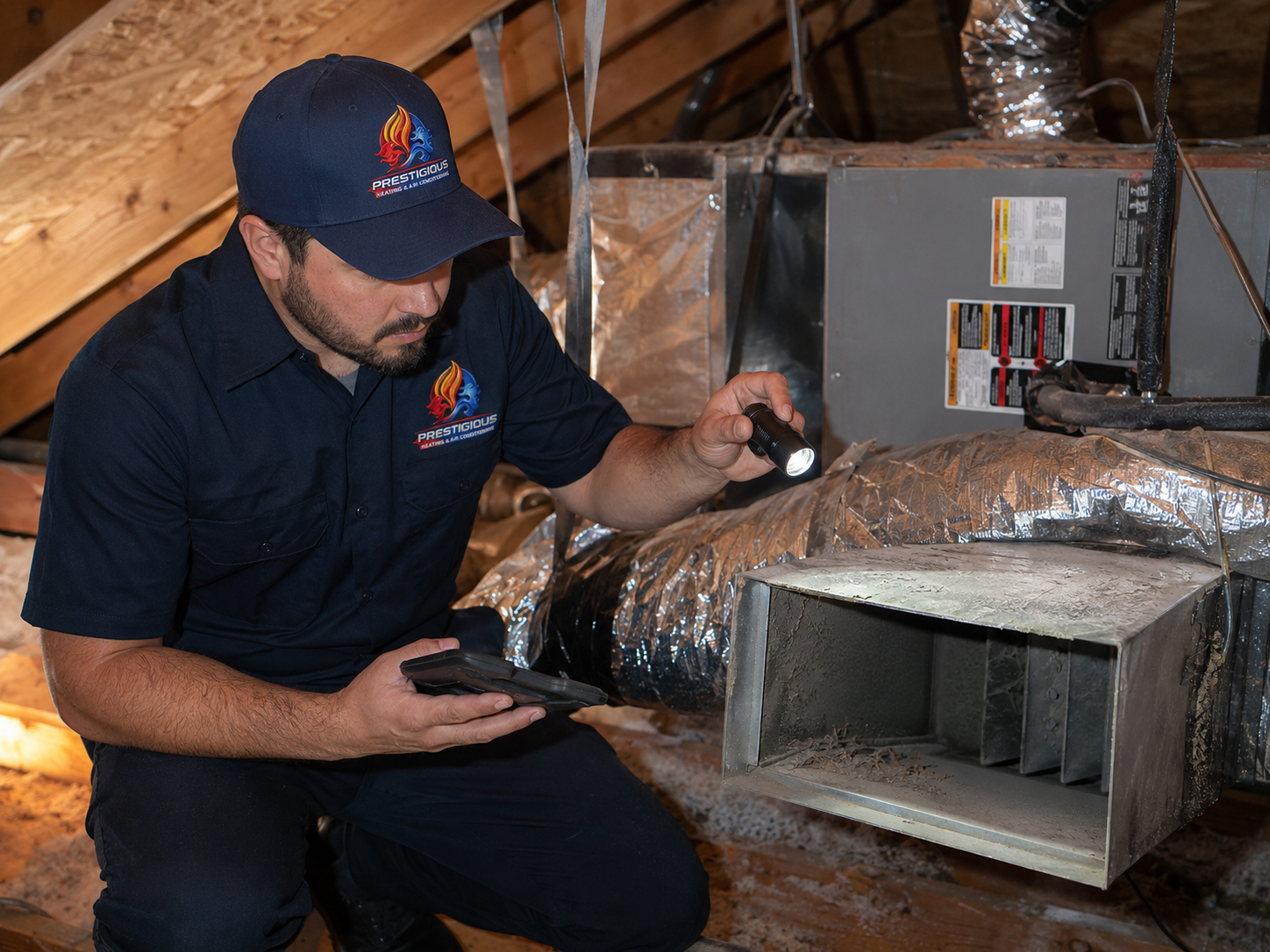 Prestigious HVAC technician inspecting attic ductwork and airflow noise concerns in Carlsbad CA home