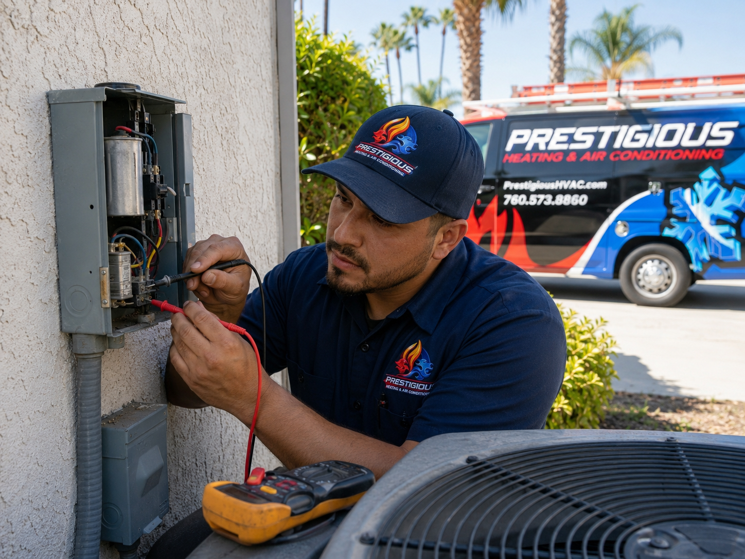 Prestigious HVAC technician performing electrical diagnostic for buzzing AC noise in Carlsbad CA