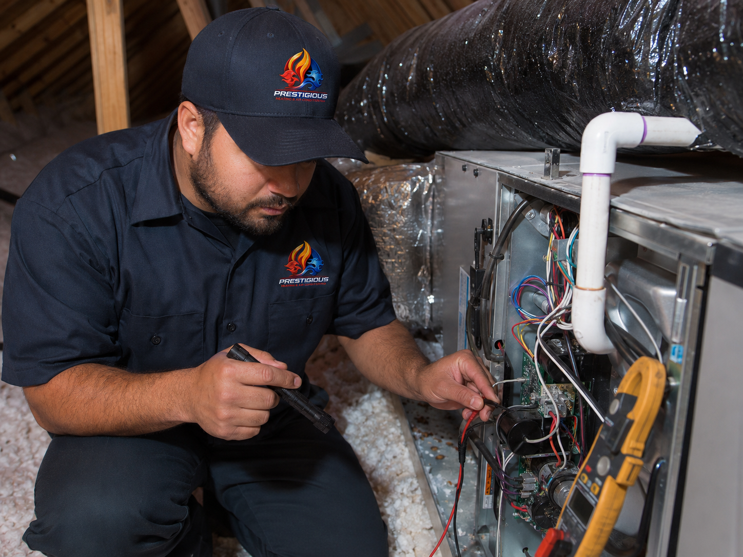 HVAC technician performing electrical and system diagnostic for AC short cycling in Carlsbad CA attic