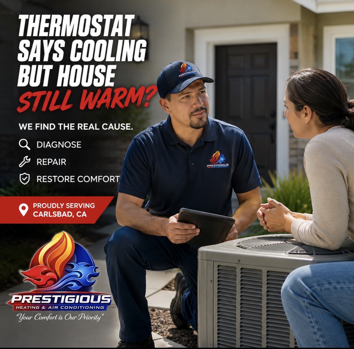 HVAC technician helping diagnose home comfort and cooling issues in Carlsbad CA