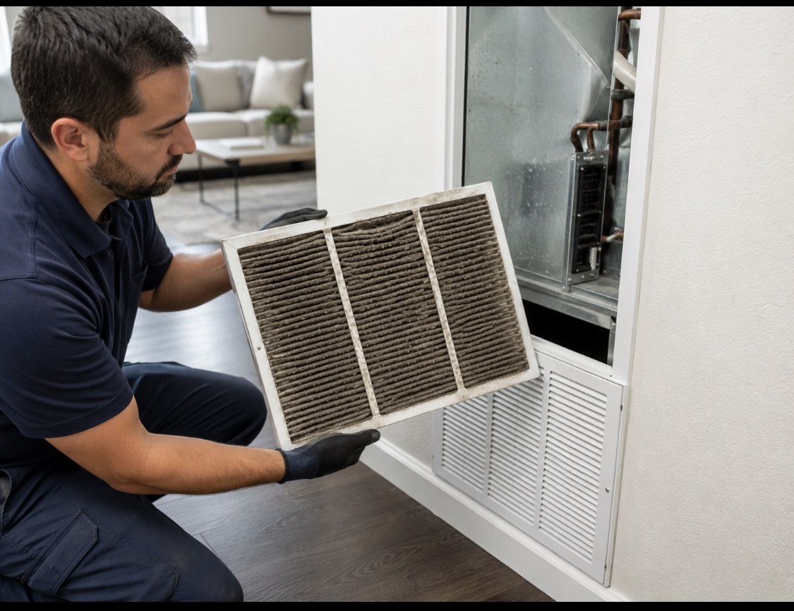 Dirty HVAC filter and airflow restriction contributing to musty AC smell in Carlsbad CA