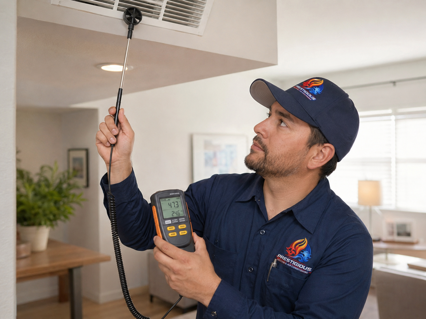 HVAC technician checking airflow and humidity comfort issue in Carlsbad CA home