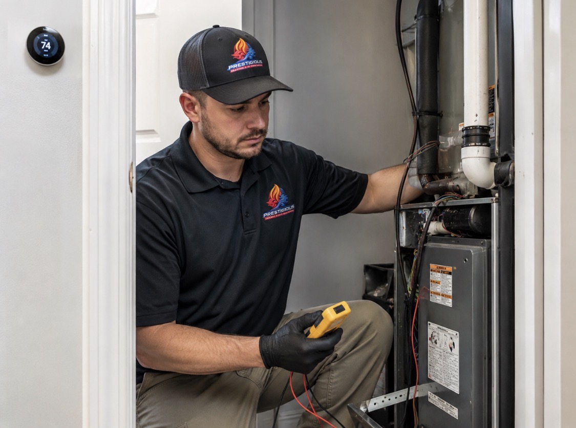HVAC technician performing cooling performance and system maintenance check in Carlsbad CA