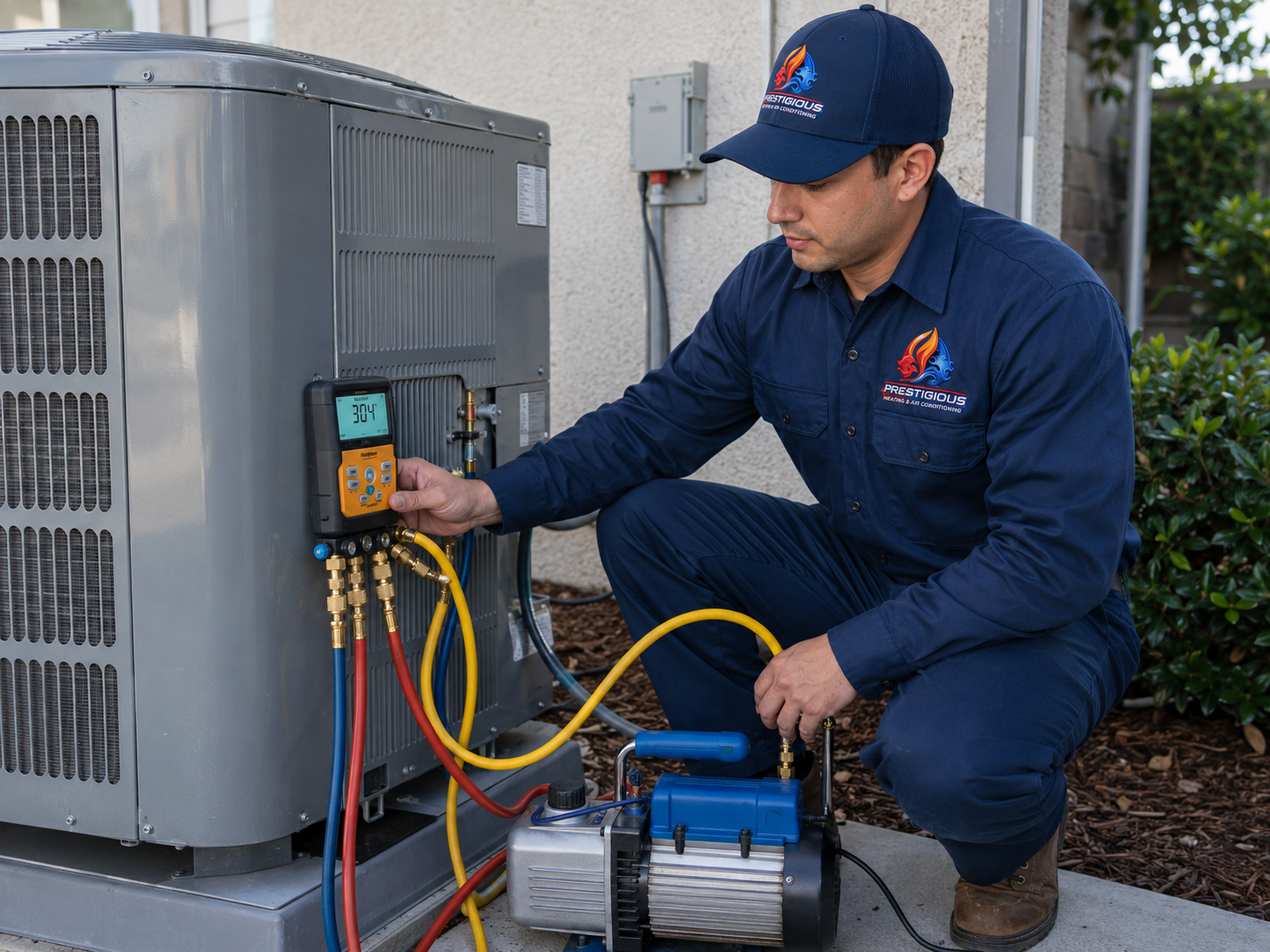 Vacuum evacuation and micron gauge verification during HVAC installation in Carlsbad CA