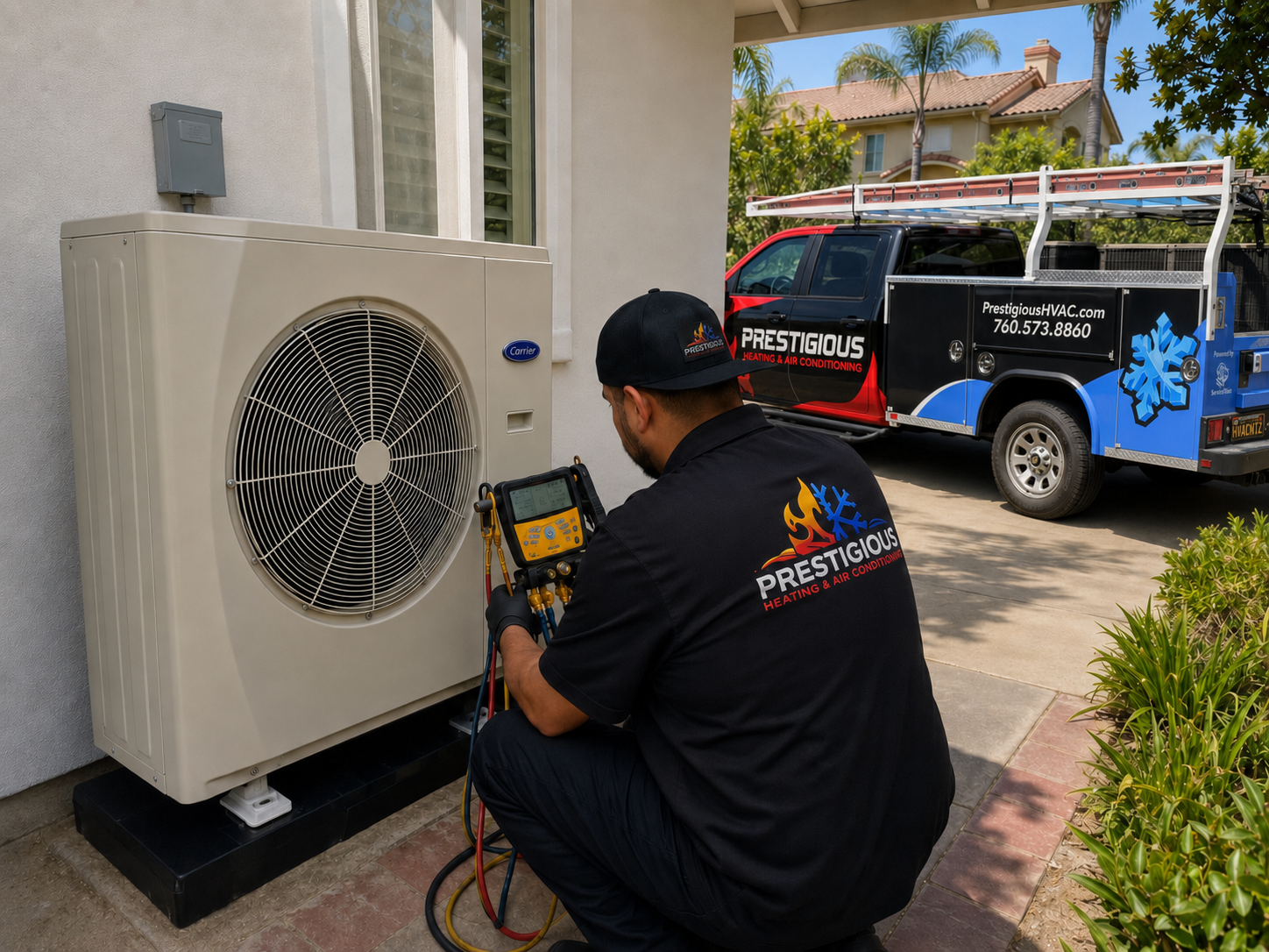 HVAC technician commissioning a Carrier side-discharge heat pump inverter system in Carlsbad CA