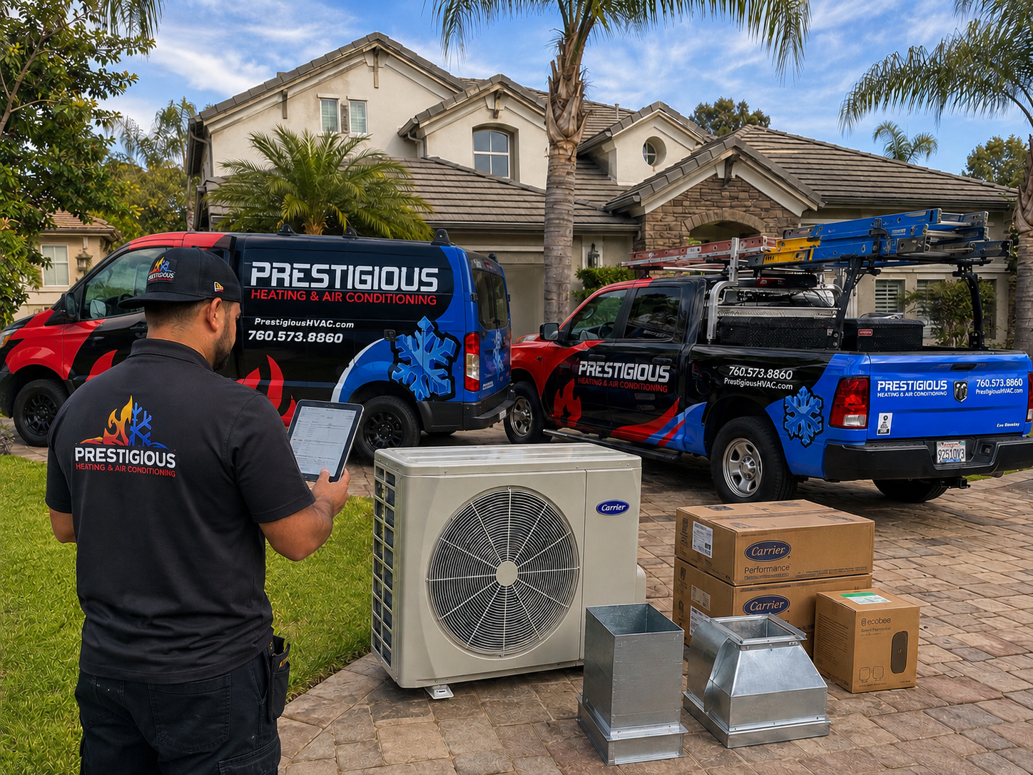 Carrier heat pump installation materials and service vehicles staged at a Carlsbad CA home