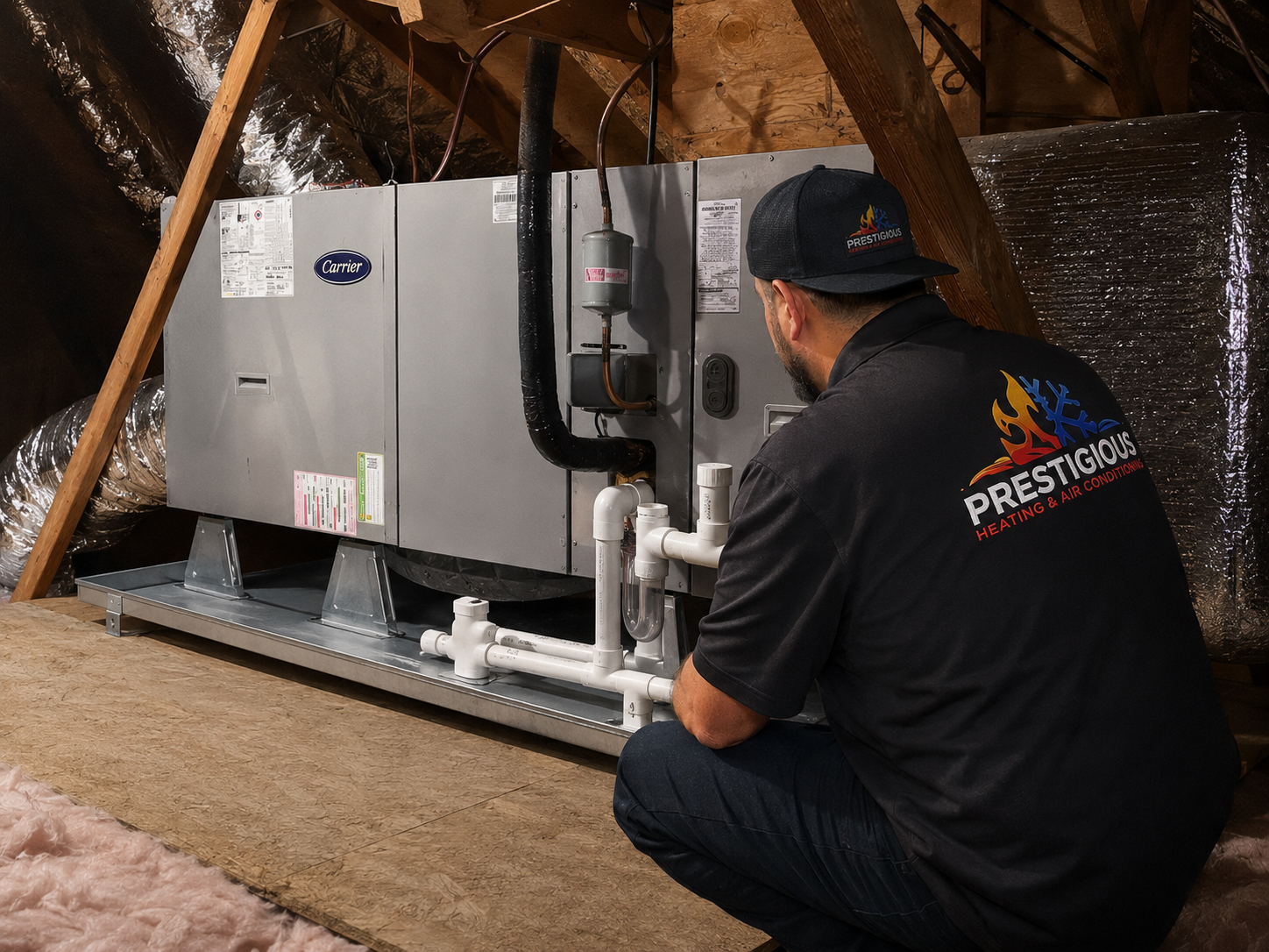 New Carrier horizontal air handler installed in an attic for a heat pump upgrade in Carlsbad CA