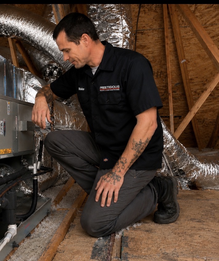 Prestigious Heating & Air Conditioning technician evaluating a complete attic HVAC installation before making repair or replacement recommendations.