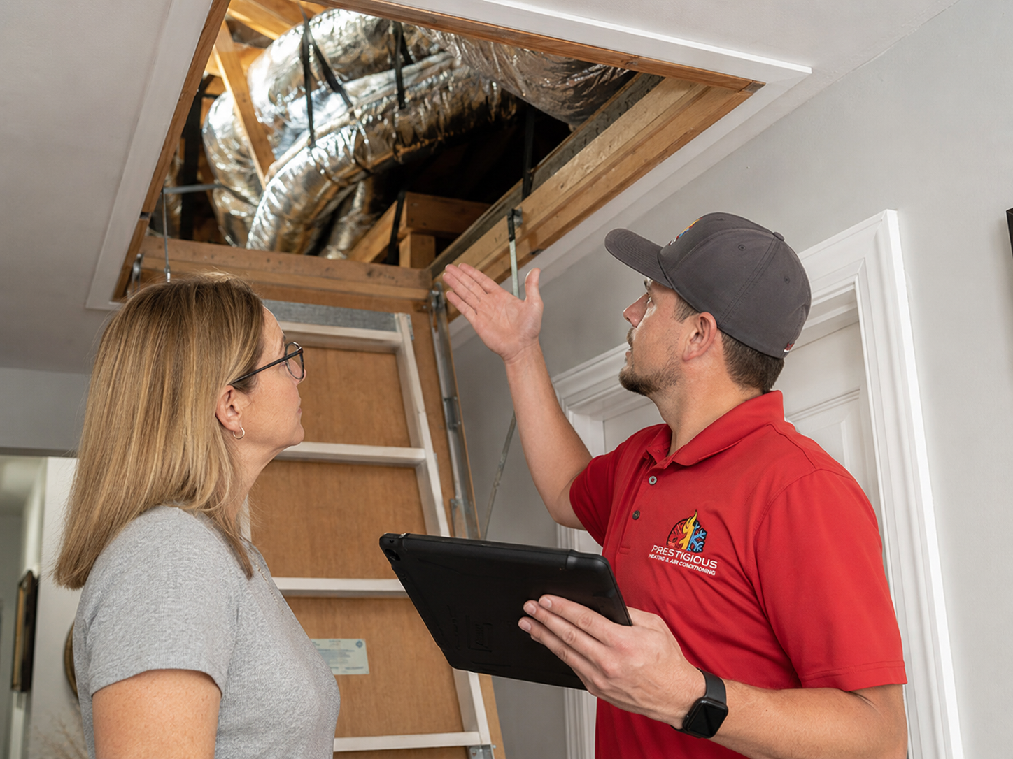 HVAC technician explaining existing ductwork evaluation to a Carlsbad CA homeowner before system replacement