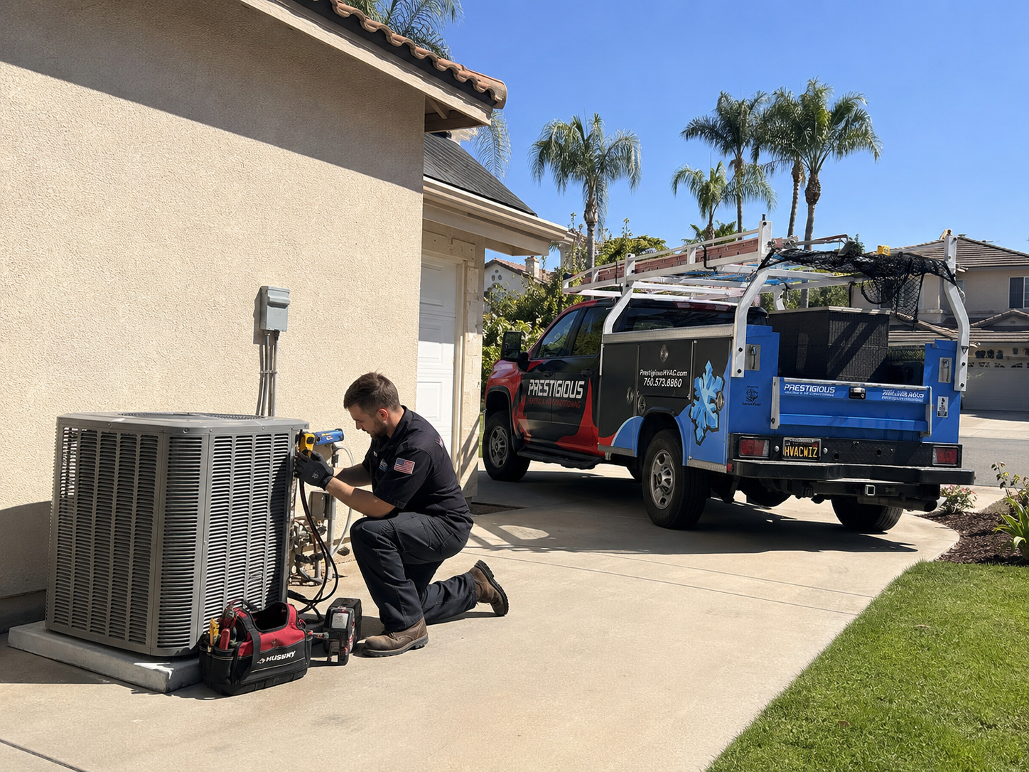 HVAC technician inspecting an existing outdoor unit before a heat pump upgrade in Carlsbad CA