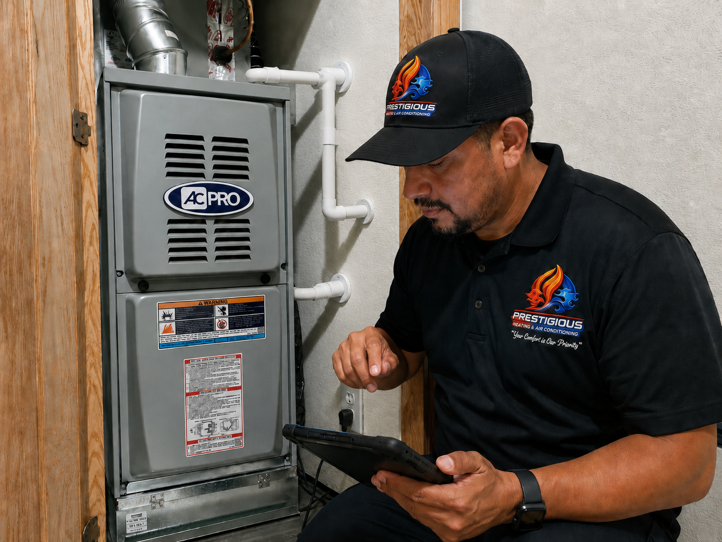 HVAC technician inspecting an indoor furnace during AC replacement evaluation in Carlsbad CA
