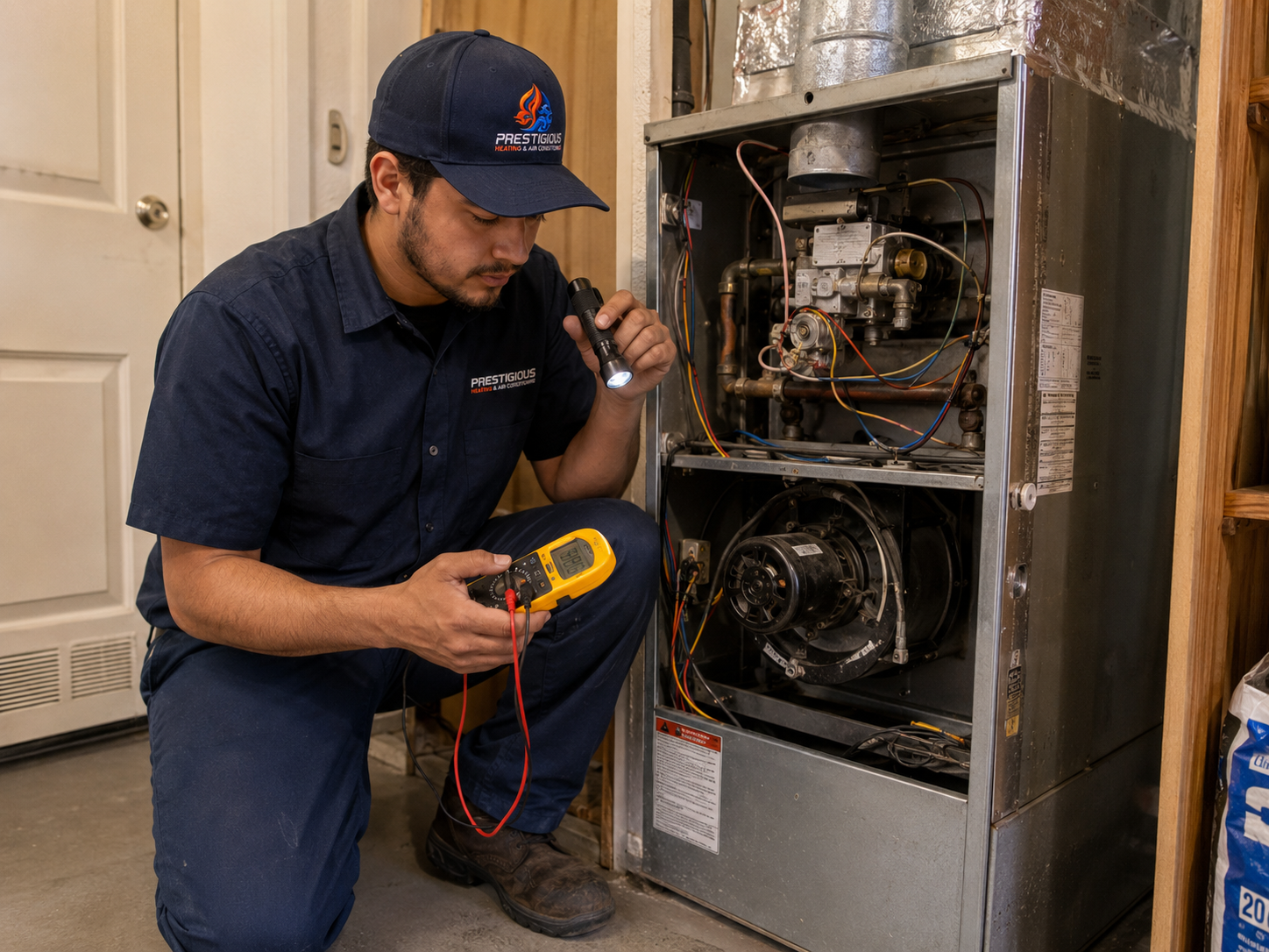 HVAC technician inspecting older furnace before repair or replacement decision in Carlsbad CA