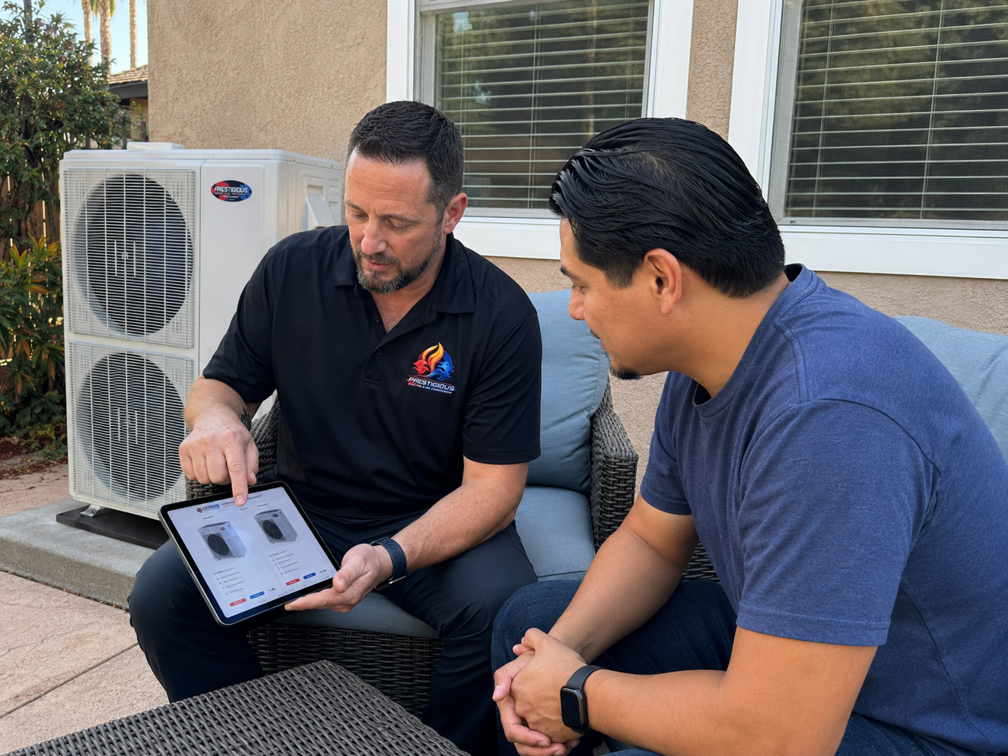 HVAC technician explaining AC replacement options to a Carlsbad CA homeowner