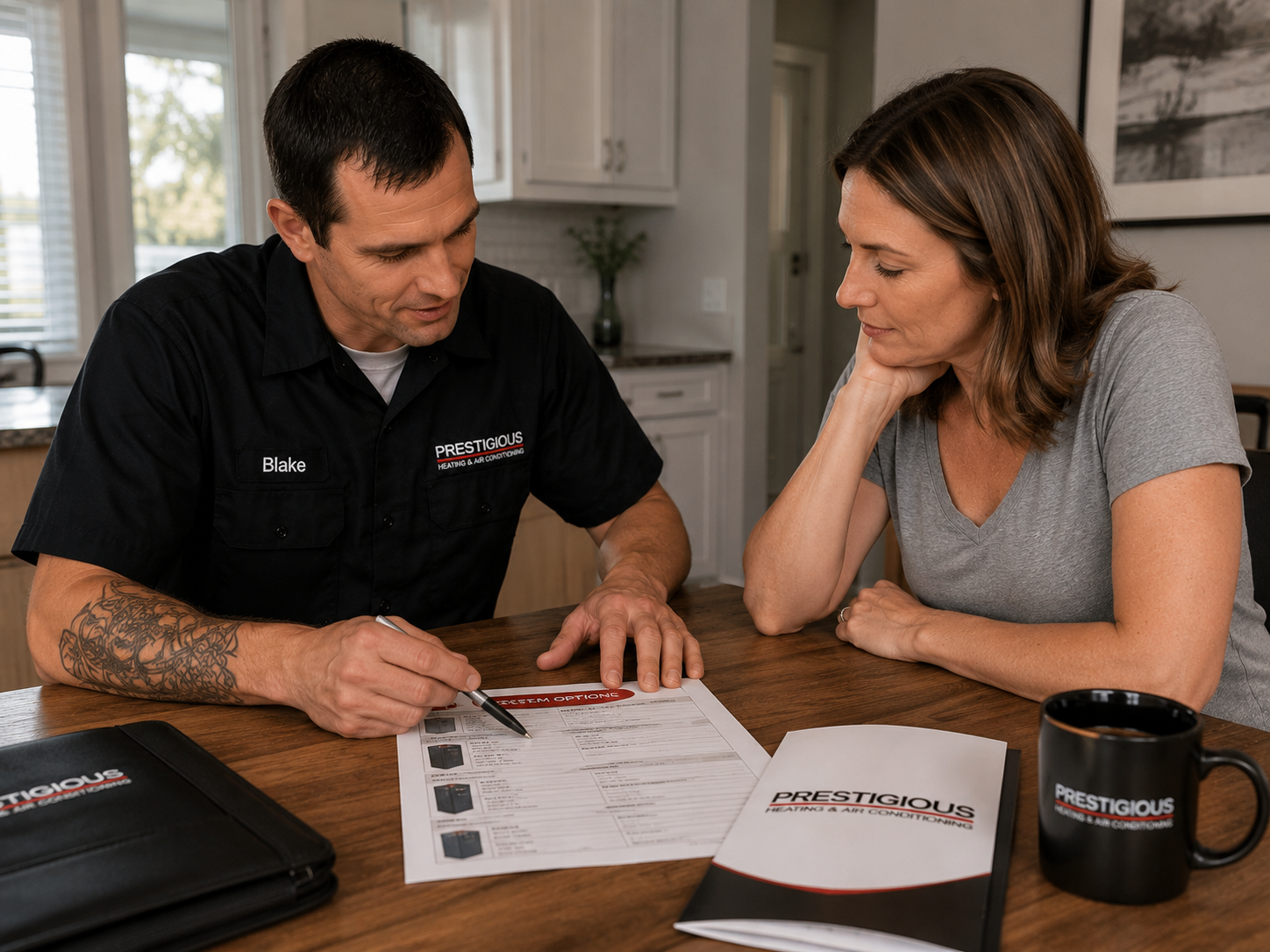 Homeowner asking questions while a Prestigious Heating & Air Conditioning technician explains HVAC recommendations in Carlsbad.
