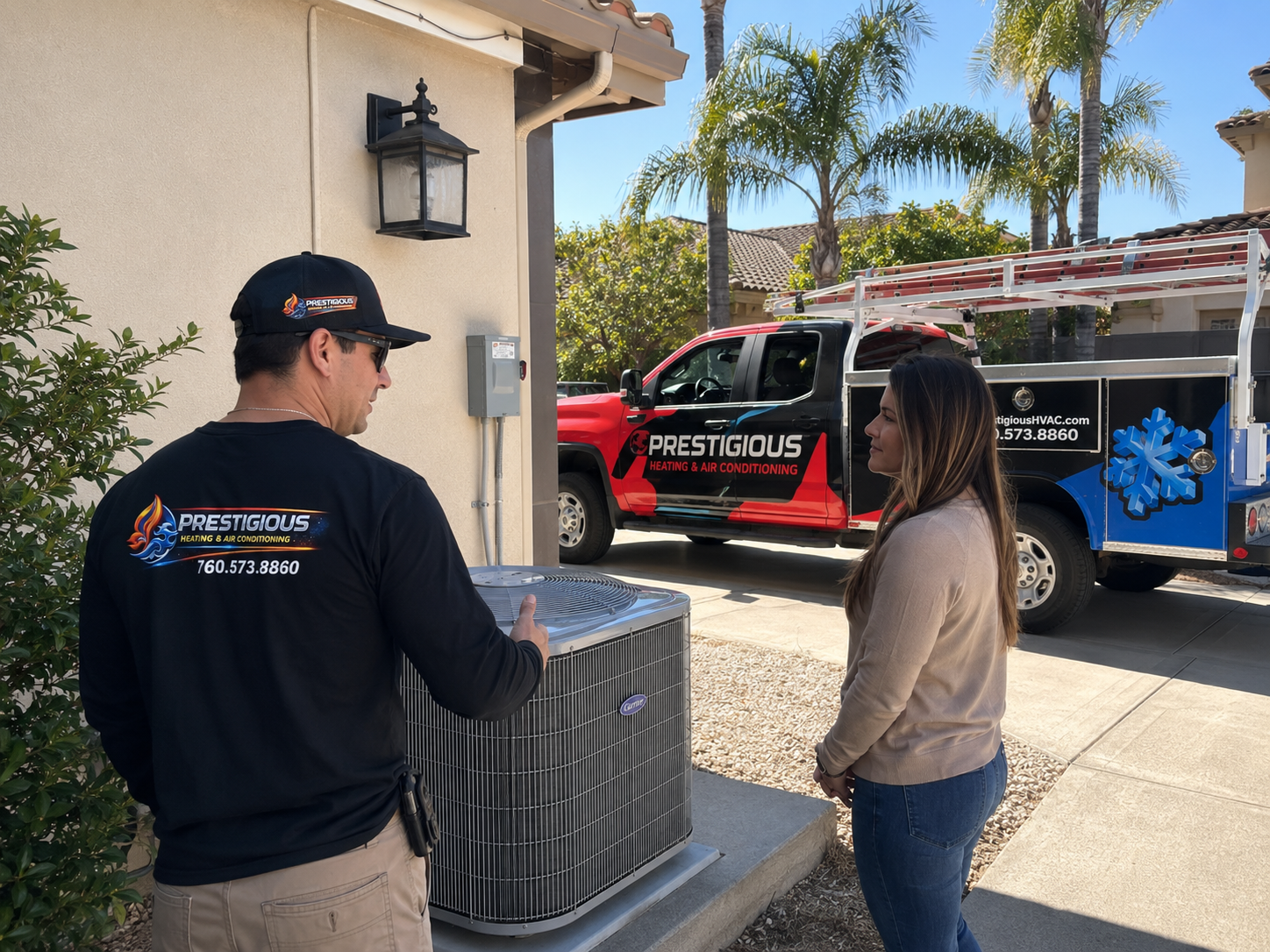 HVAC technician reviewing AC and furnace replacement recommendations with a homeowner in Carlsbad CA