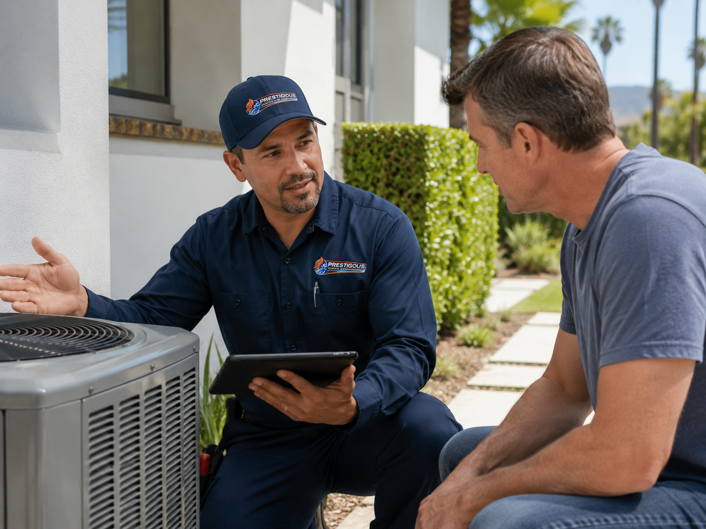 Prestigious Heating and Air Conditioning technician explaining HVAC diagnostic findings to homeowner in Carlsbad CA
