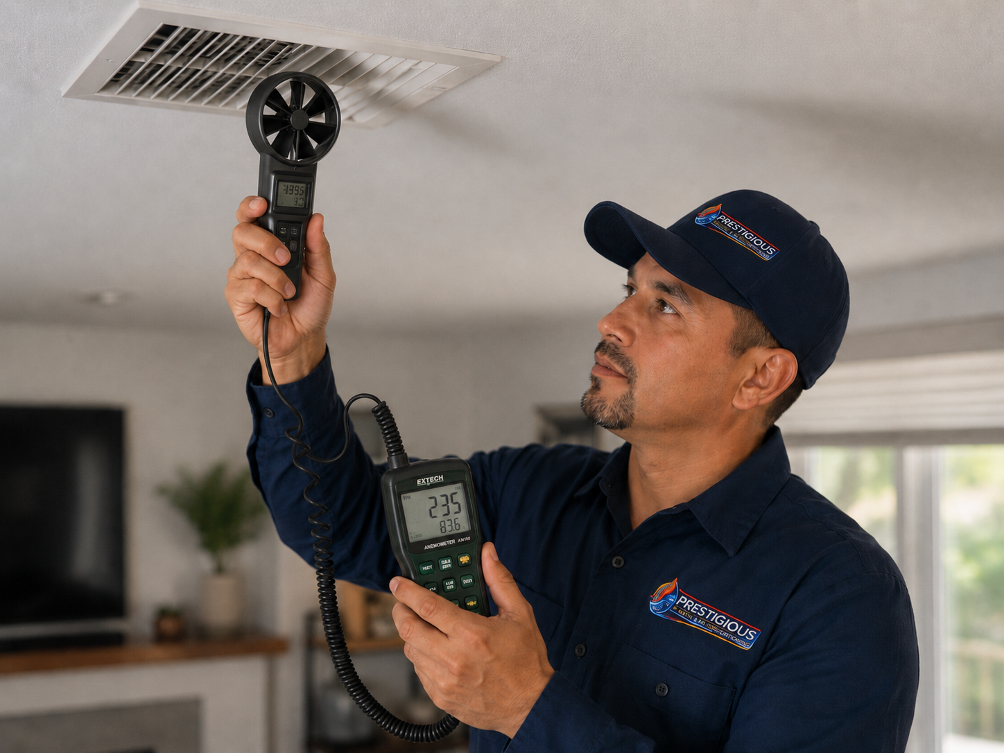 HVAC technician measuring airflow with a handheld anemometer at a ceiling vent in Carlsbad CA home