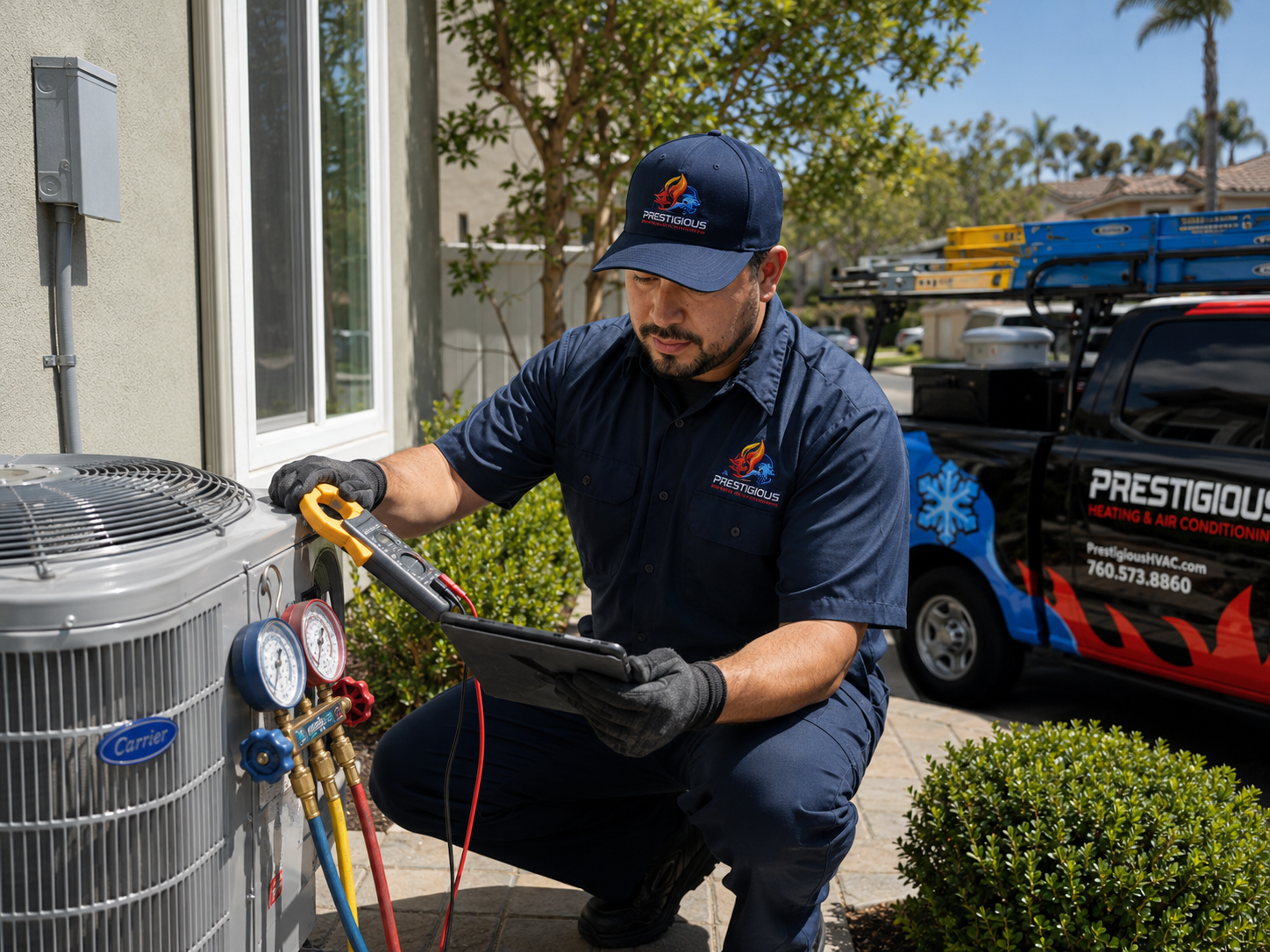 HVAC technician commissioning new HVAC system after installation in Carlsbad CA