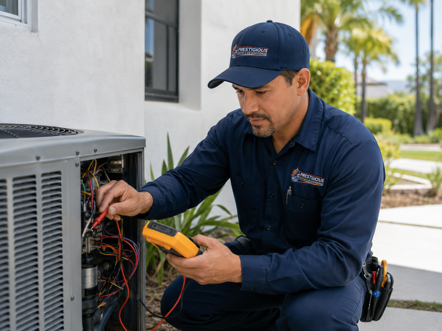 HVAC technician performing diagnostic testing on outdoor air conditioning system in Carlsbad CA