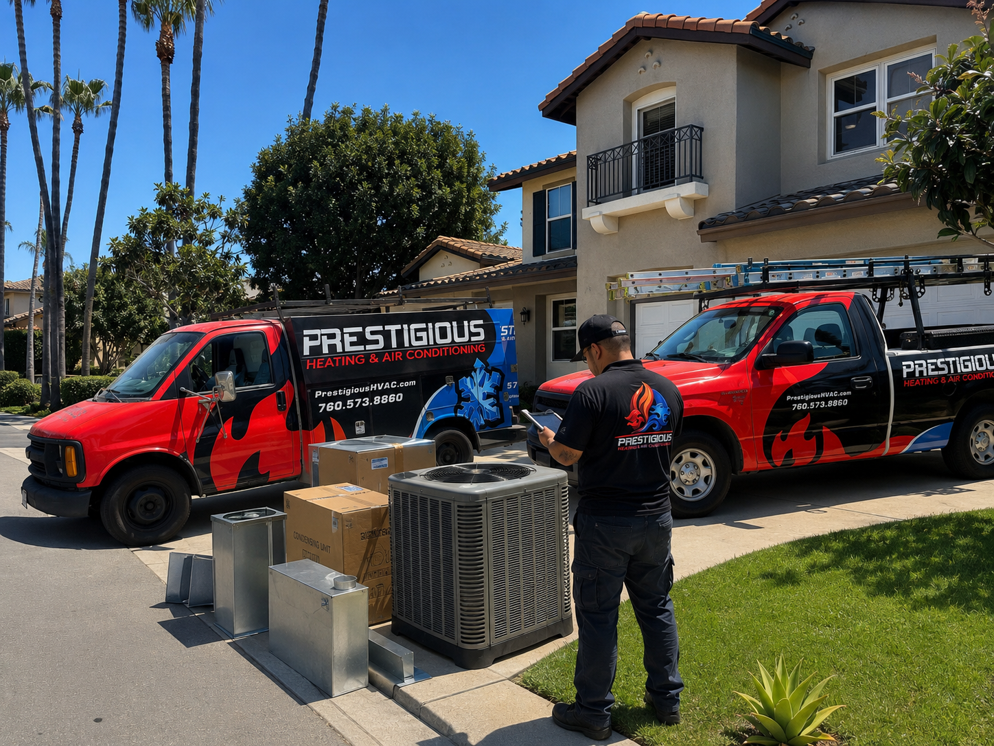 HVAC installation setup with service vehicles and replacement equipment at a home in Carlsbad CA