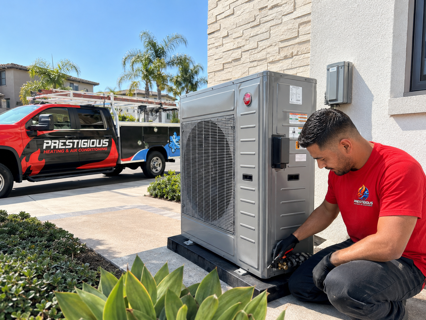 Prestigious HVAC technician checking installation quality to solve comfort problems in Carlsbad CA home