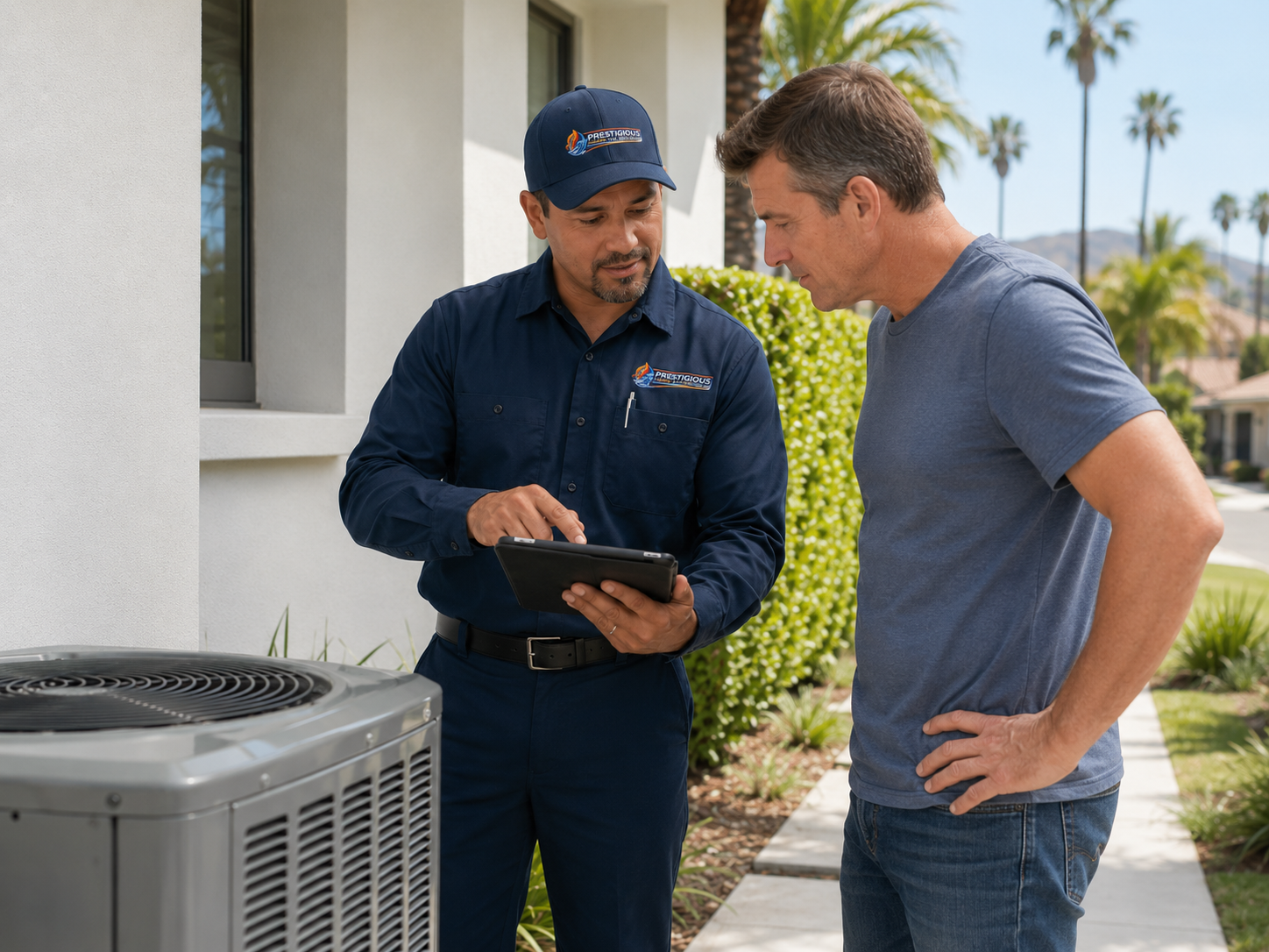 HVAC technician reviewing repair and replacement options with homeowner in Carlsbad CA