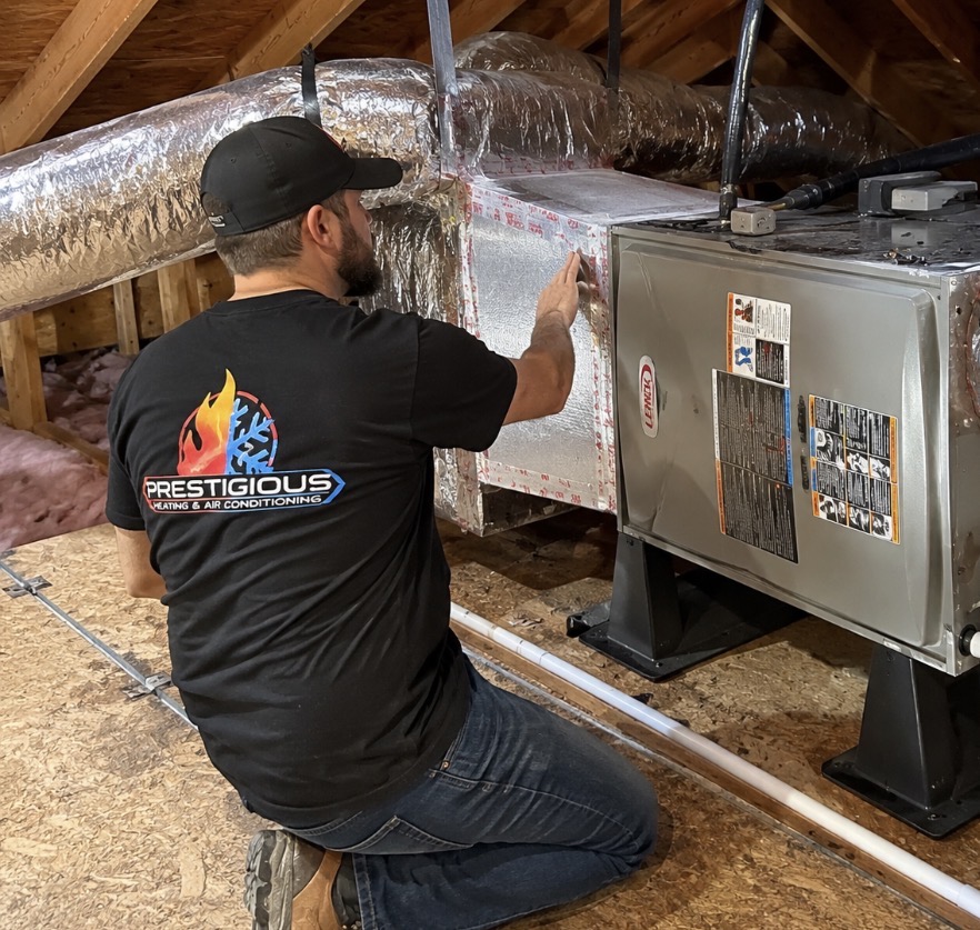 HVAC technician reviewing duct connections during HVAC replacement evaluation in Carlsbad CA