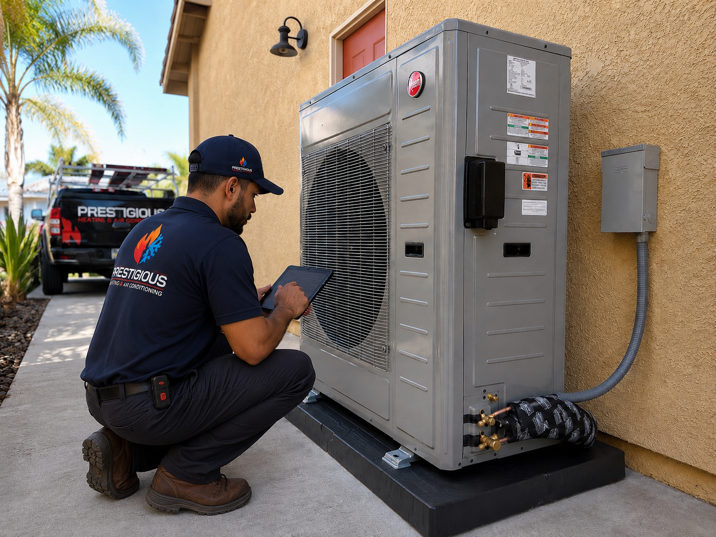 Professional HVAC technician inspecting an outdoor air conditioning system to determine replacement needs in Carlsbad, California.