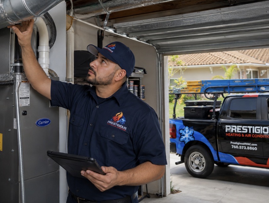 HVAC technician evaluating home comfort and system sizing before replacement in Carlsbad CA