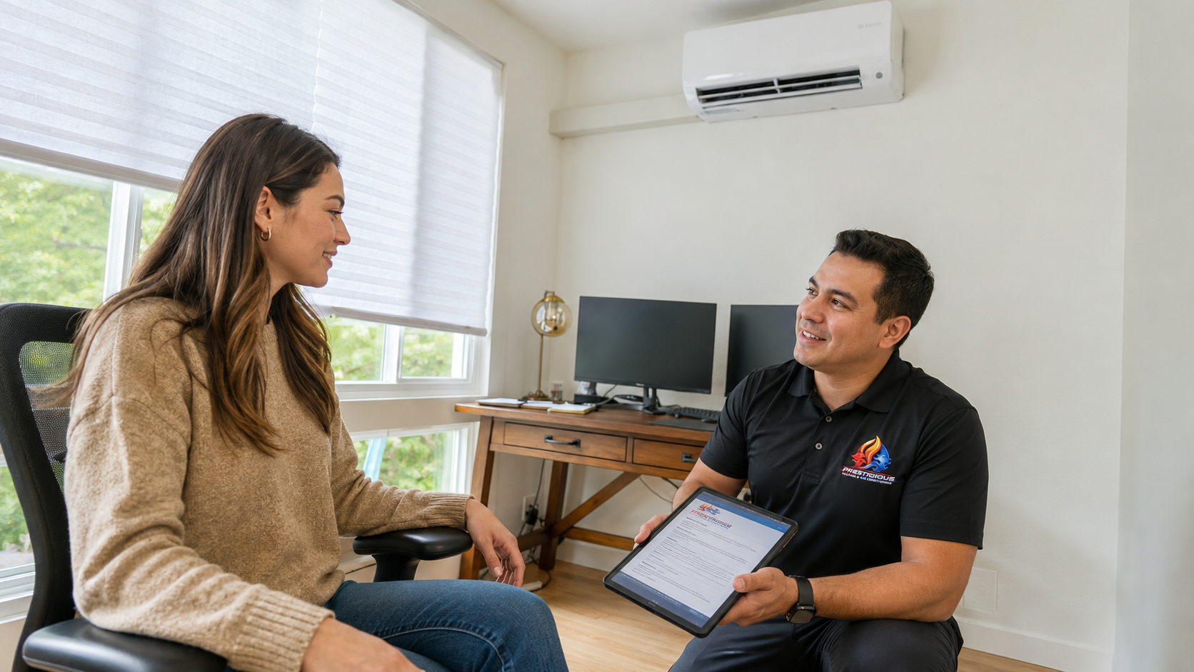 HVAC technician explaining ductless mini-split options for a Carlsbad CA home office