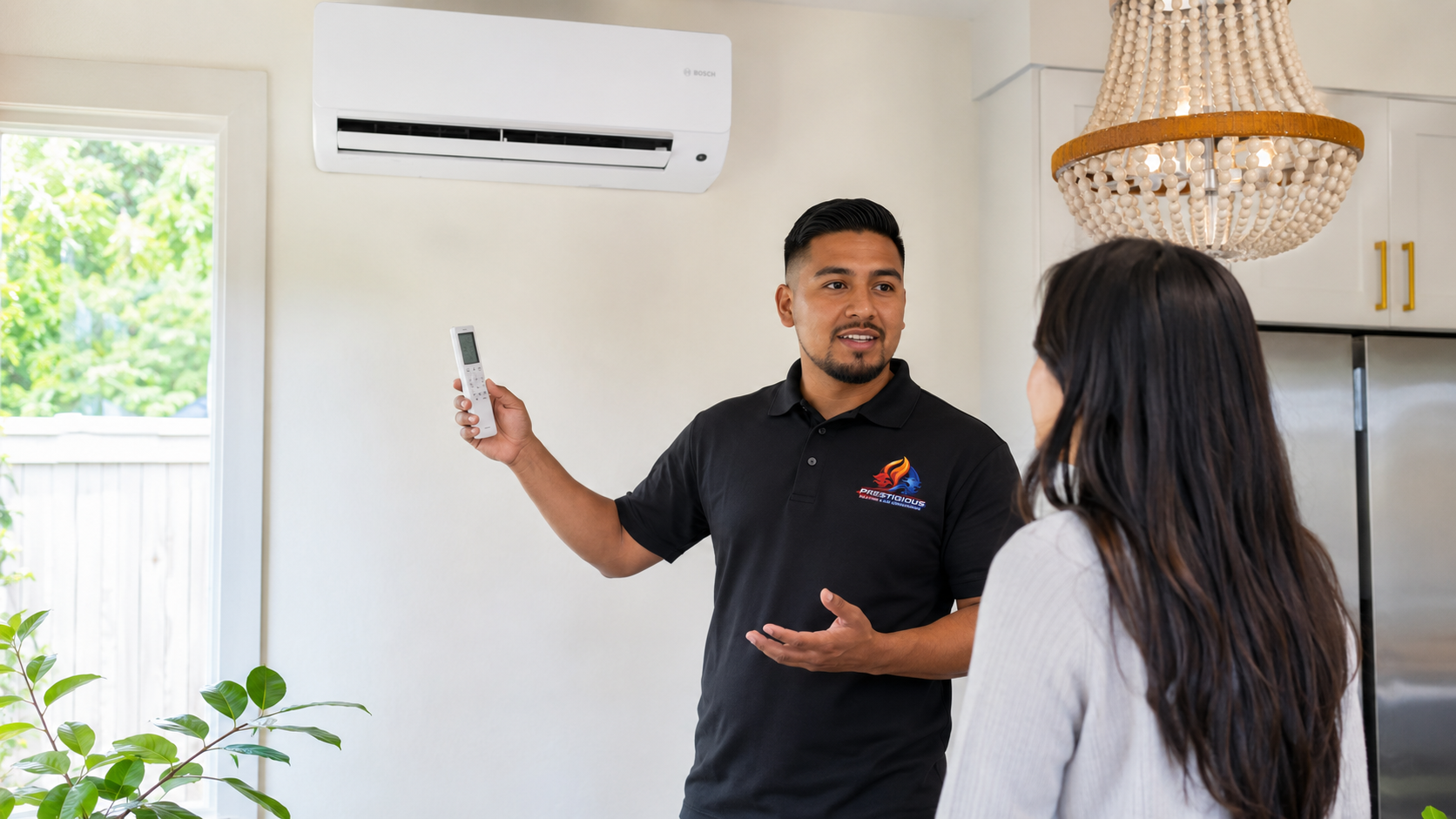 HVAC technician explaining mini-split versus central air options to a Carlsbad CA homeowner