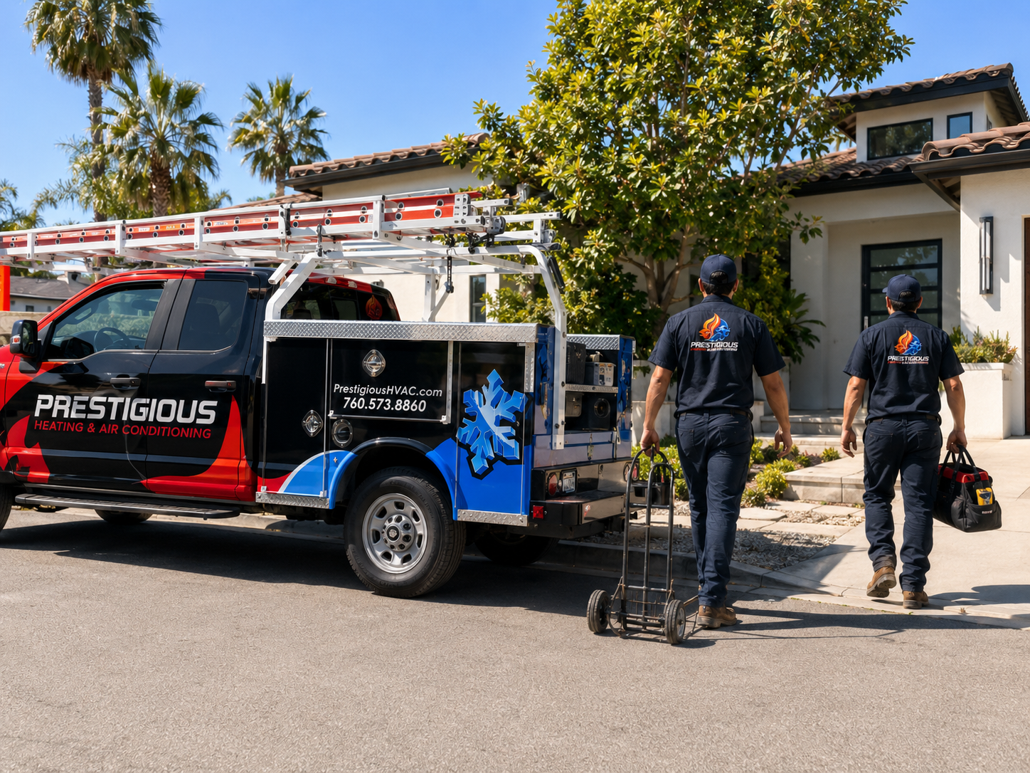 Prestigious Heating and Air Conditioning technicians arriving for HVAC replacement evaluation in North County San Diego