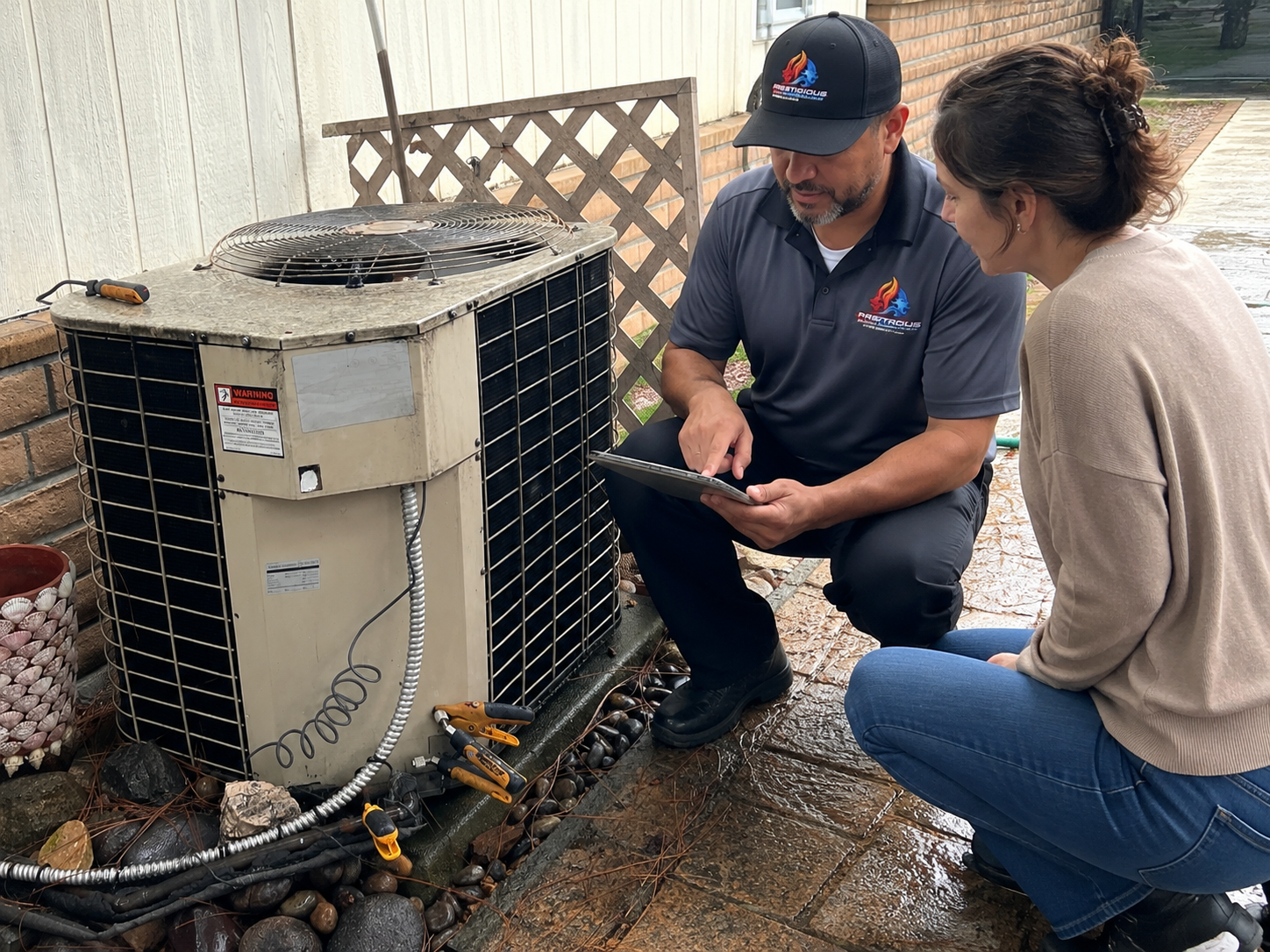 HVAC technician explaining AC replacement decision factors to a Carlsbad CA homeowner
