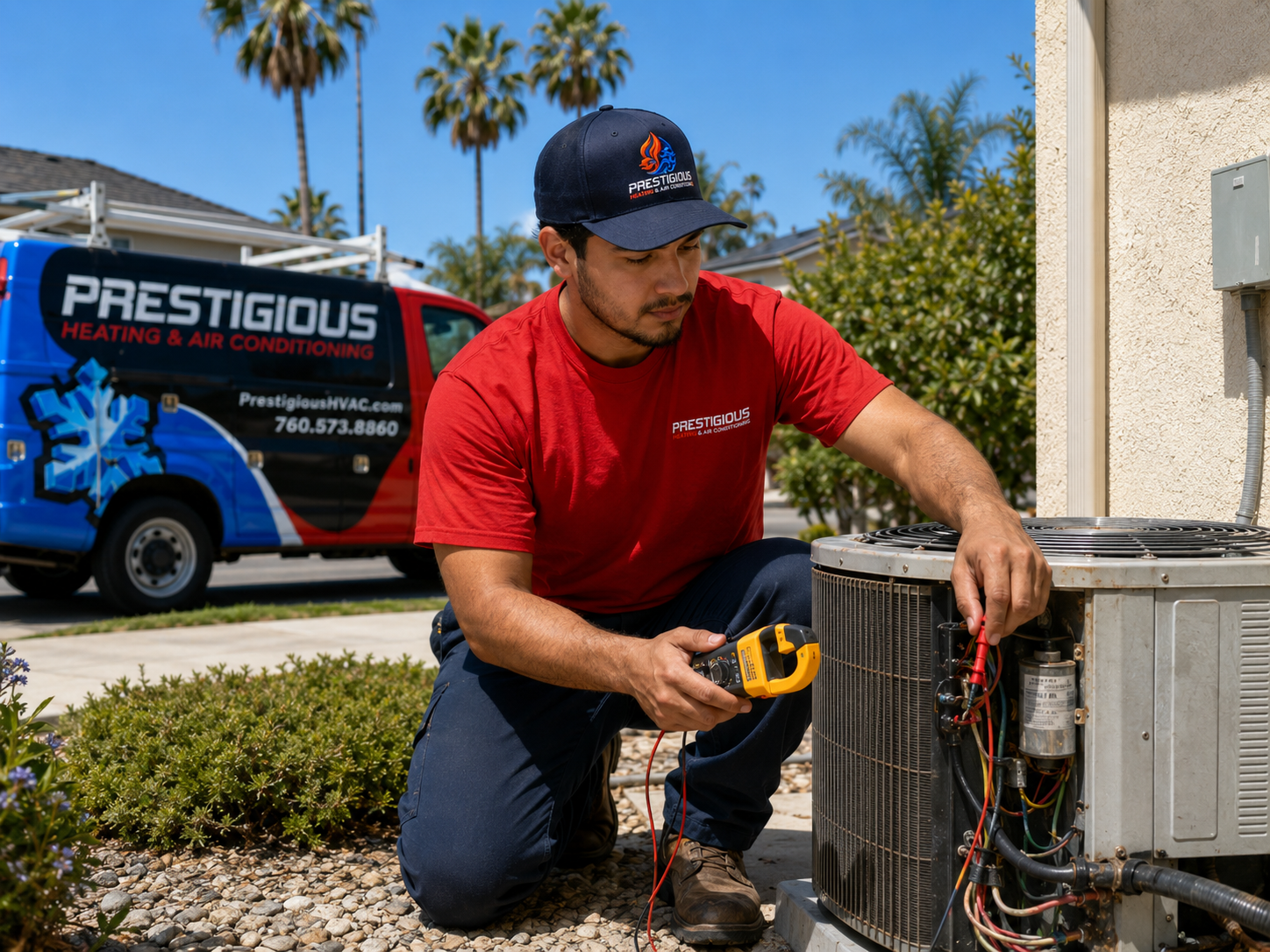 Technician inspecting older AC system to determine if repair still makes sense in Carlsbad CA