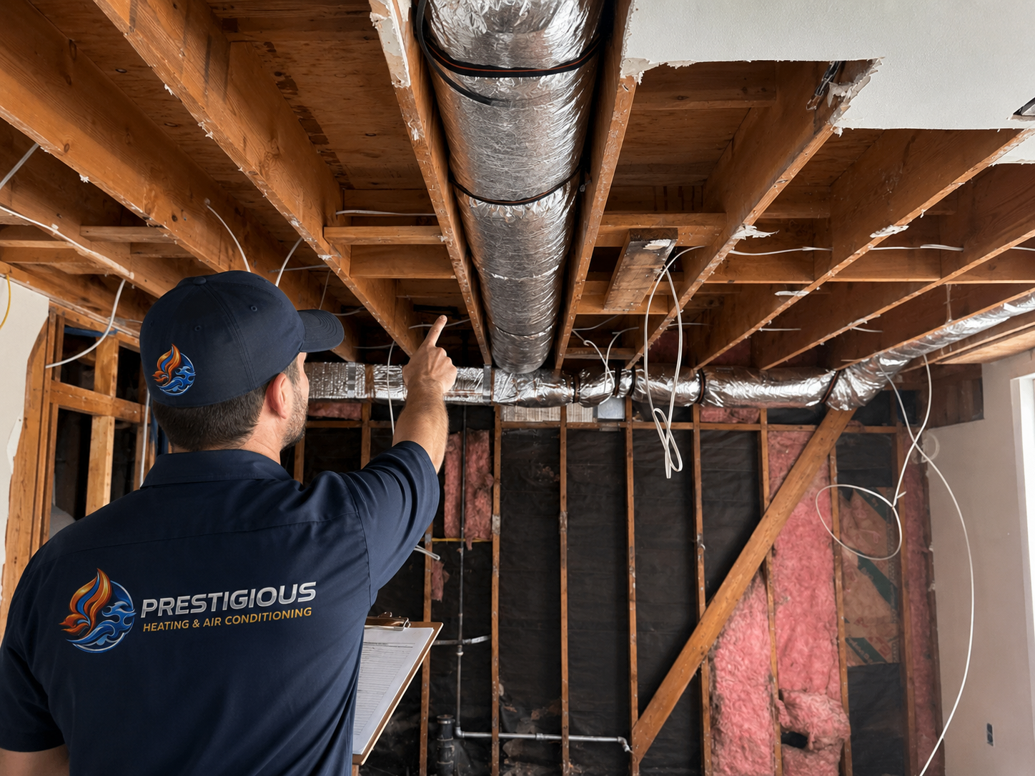 HVAC technician testing return air and static pressure before HVAC installation in Carlsbad CA